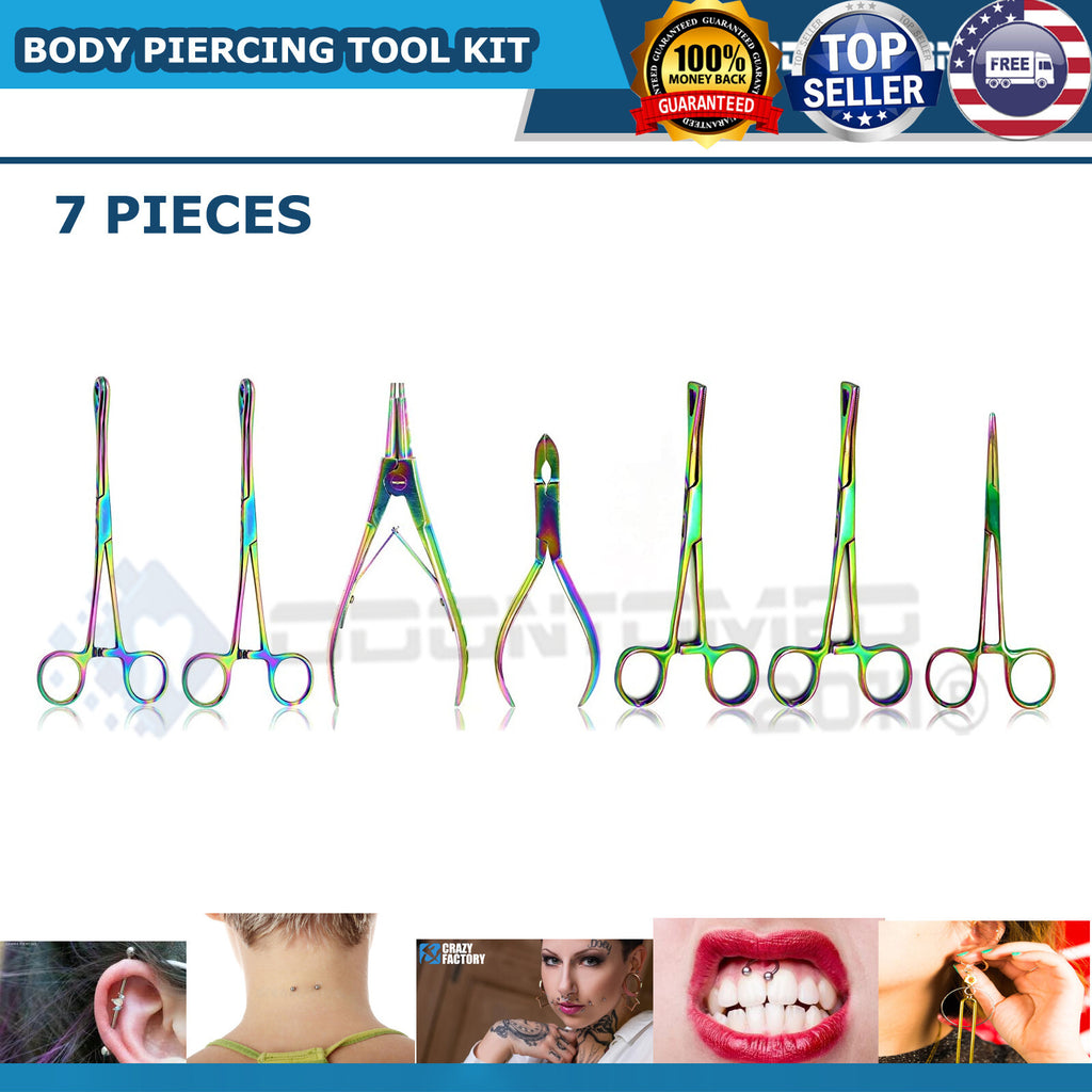 Professional 7-Piece Body Piercing Instruments Kit with Pennington Forceps - Rainbow