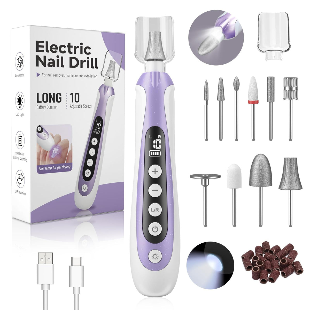 Cordless Electric Nail Drill Kit for Manicure Pedicure Thick Toenails 10-Speed