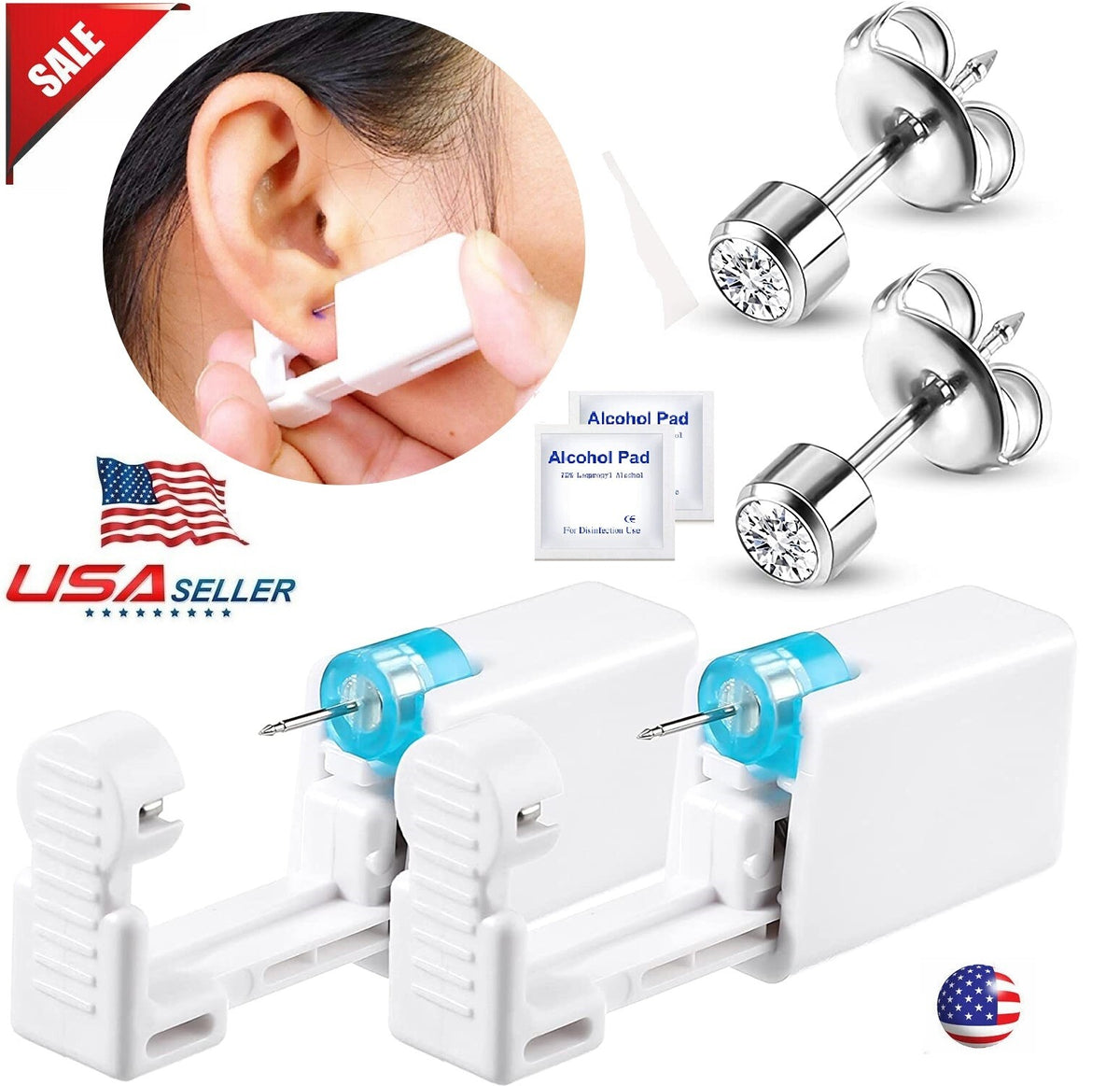 Disposable Ear Piercing Kit, Self-Ear Gun, Silver Stud Earring Starter