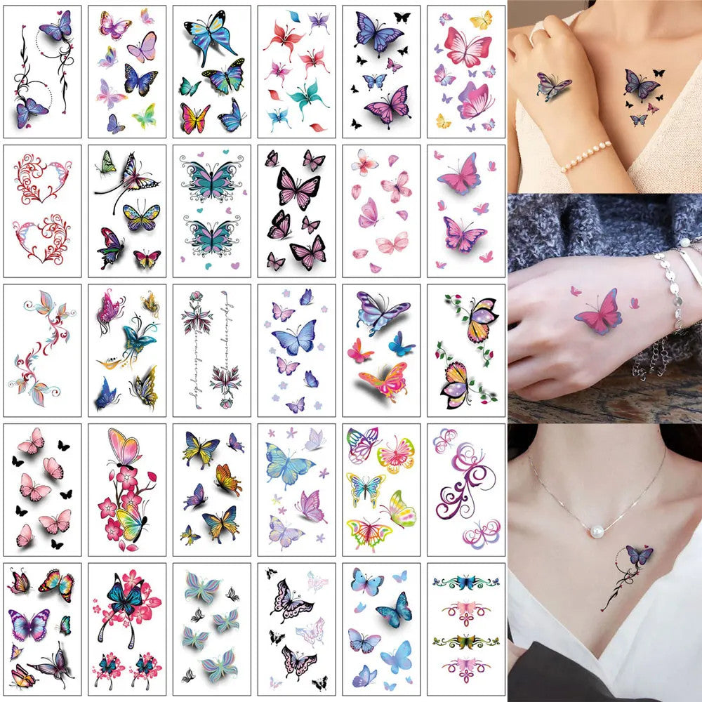 Waterproof Temporary Tattoos Set – Butterfly, Rose & Feather Stickers (Disposable)