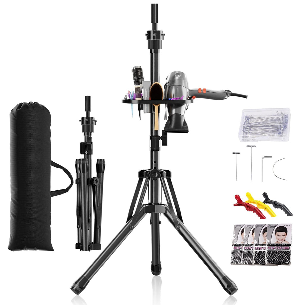 Adjustable Wig Head Stand Tripod with Tool Tray - Mannequin & Salon Use