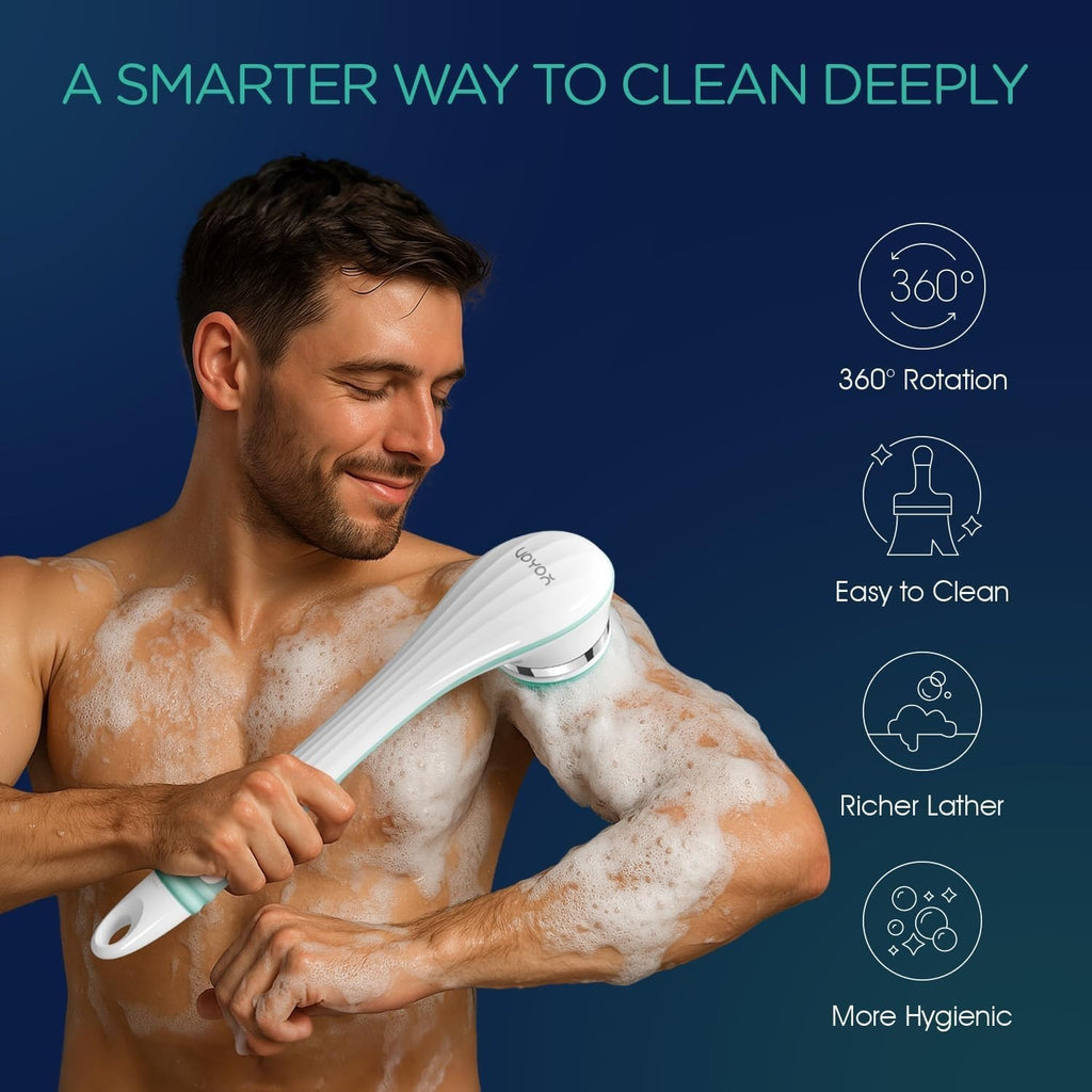 Electric 360-Degree Rotating Exfoliating Body Brush with Long Handle & 4 Attachments