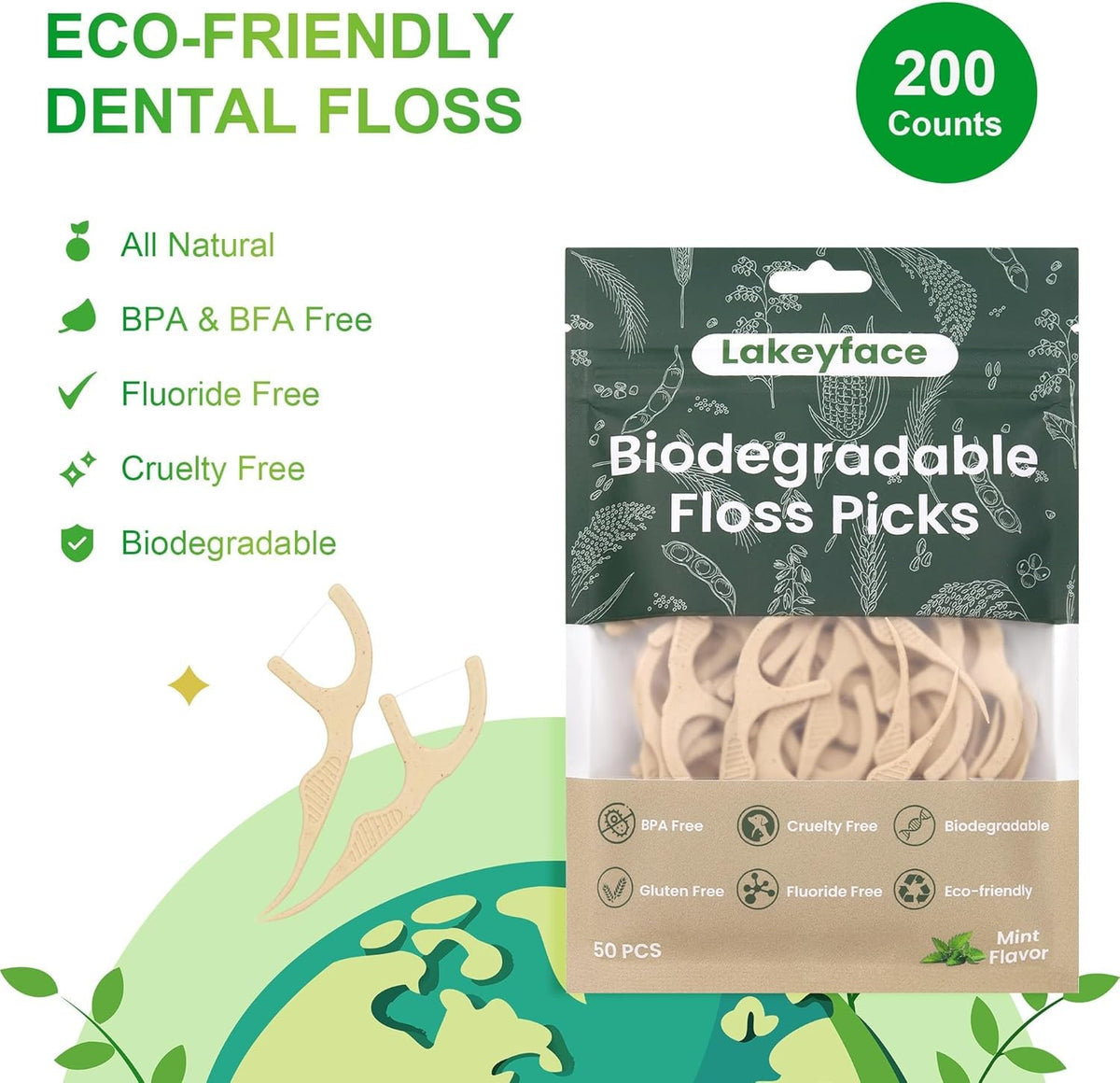 Biodegradable Dental Floss Picks - Eco-Friendly Plant-Based Tooth Floss, Mint, 200 Count