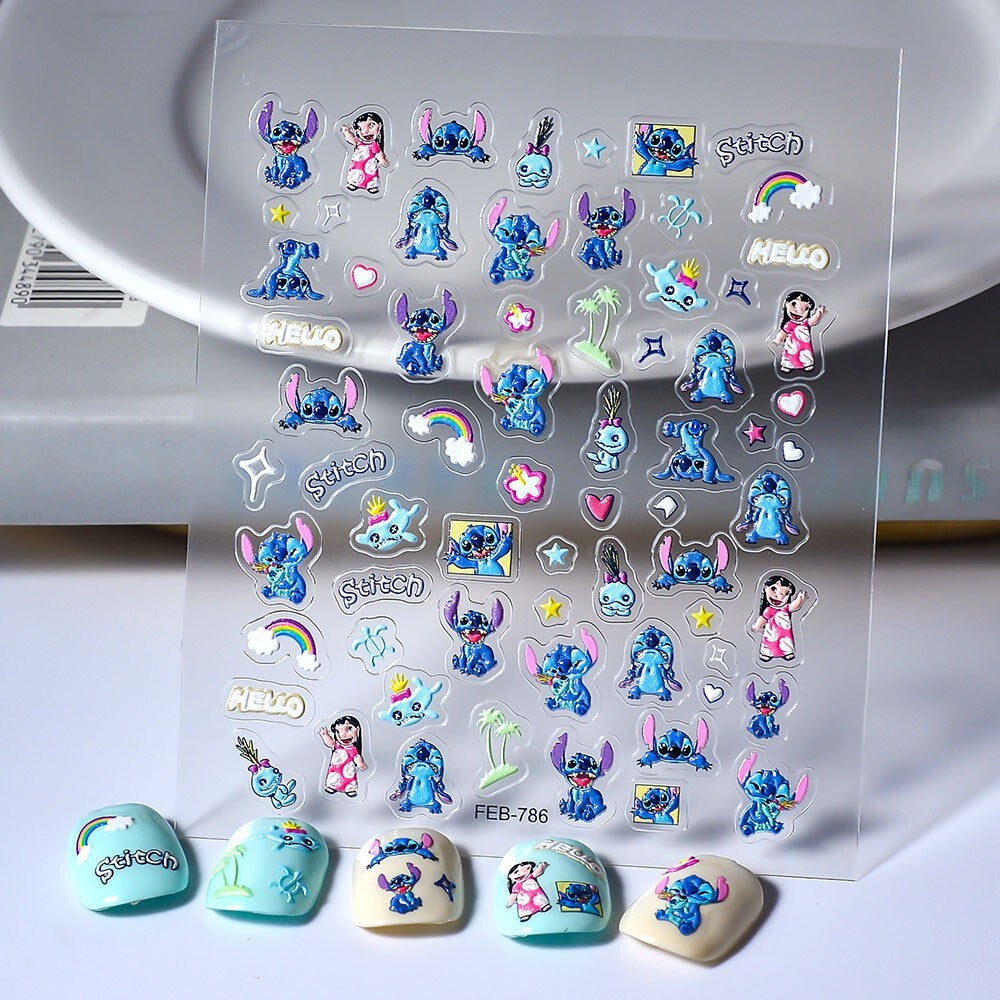 Anime Lilo & Stitch Nail Art Stickers - 5D Embossed Decals for Nails