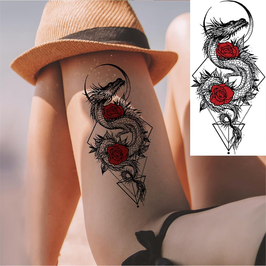 10 Sheet Realistic Chinese Floral Dragon Temporary Tattoo for Women
