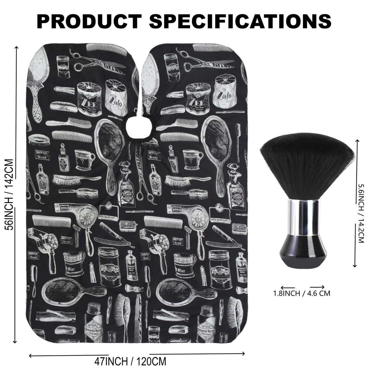Professional Barber Cape Set with Neck Duster Brush - Large Black & White