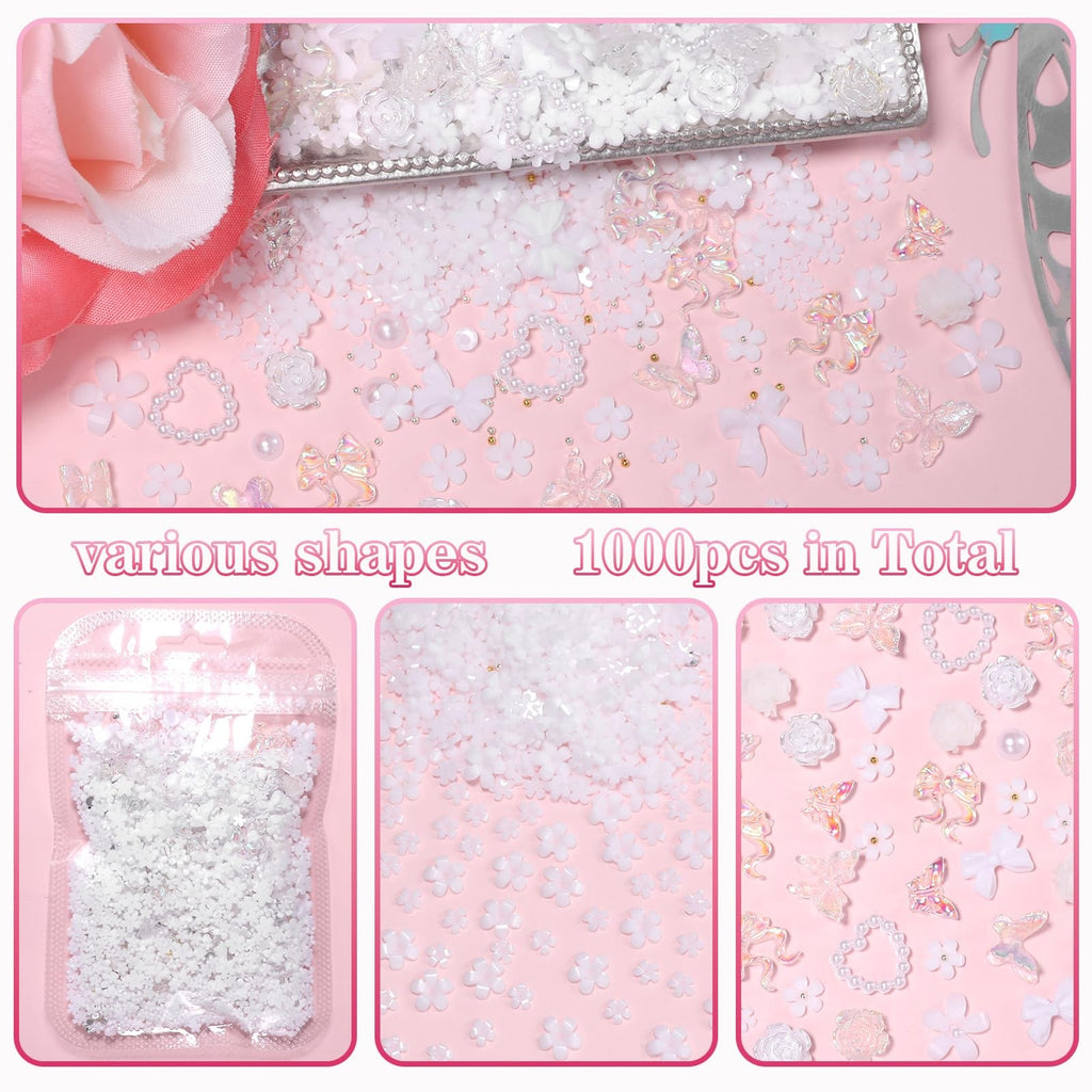 White Flower Nail Charms Set - 1000 Pcs 3D Tiny Flower & Mixed Nail Art Decorations