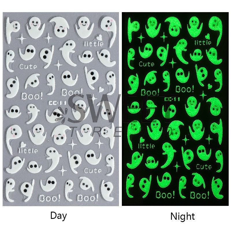 Glow in The Dark Halloween Nail Decals Ghost Spider Web Skull - 4 Sheets
