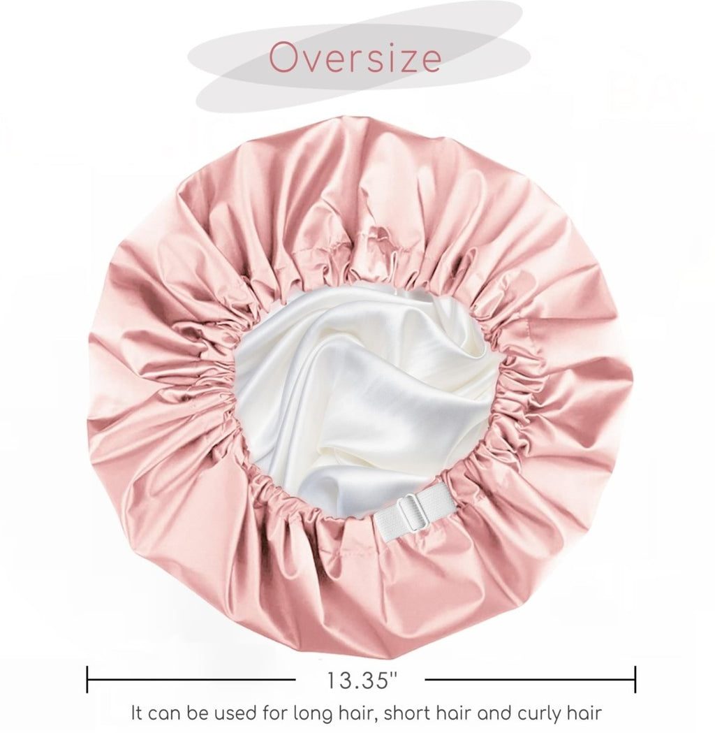 Extra Large Satin Lined Shower Cap for Women - Adjustable Waterproof Pink