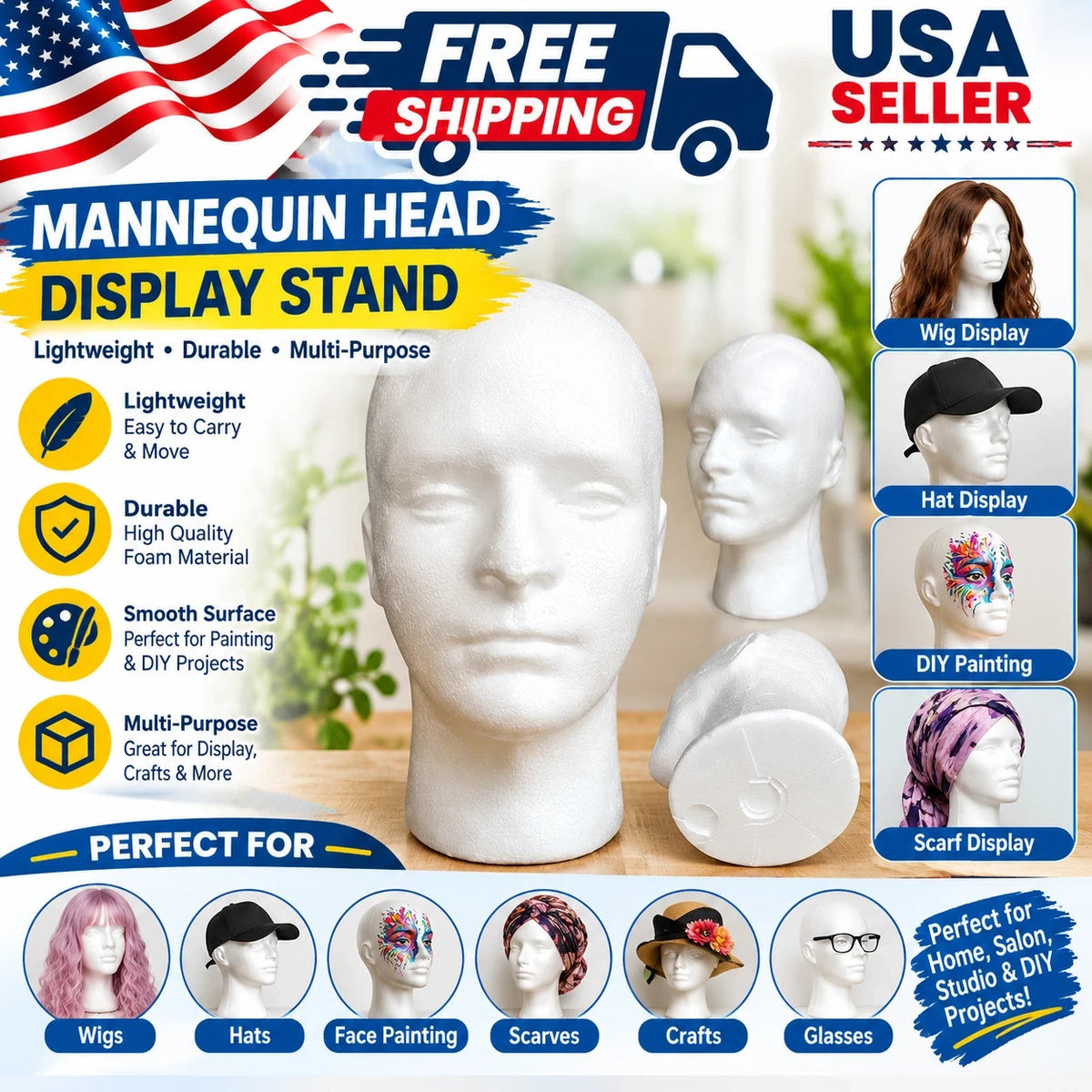 Lightweight Foam Mannequin Head for Wig, Hat & Scarf Display, DIY Painting