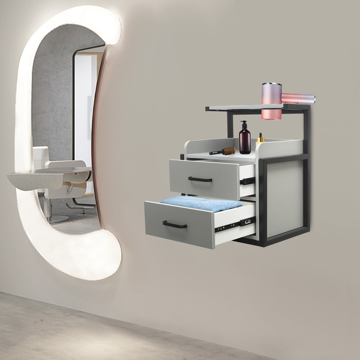 Wall-Mount Salon Station Cabinet with 2 Drawers for Beauty & Barber Shops