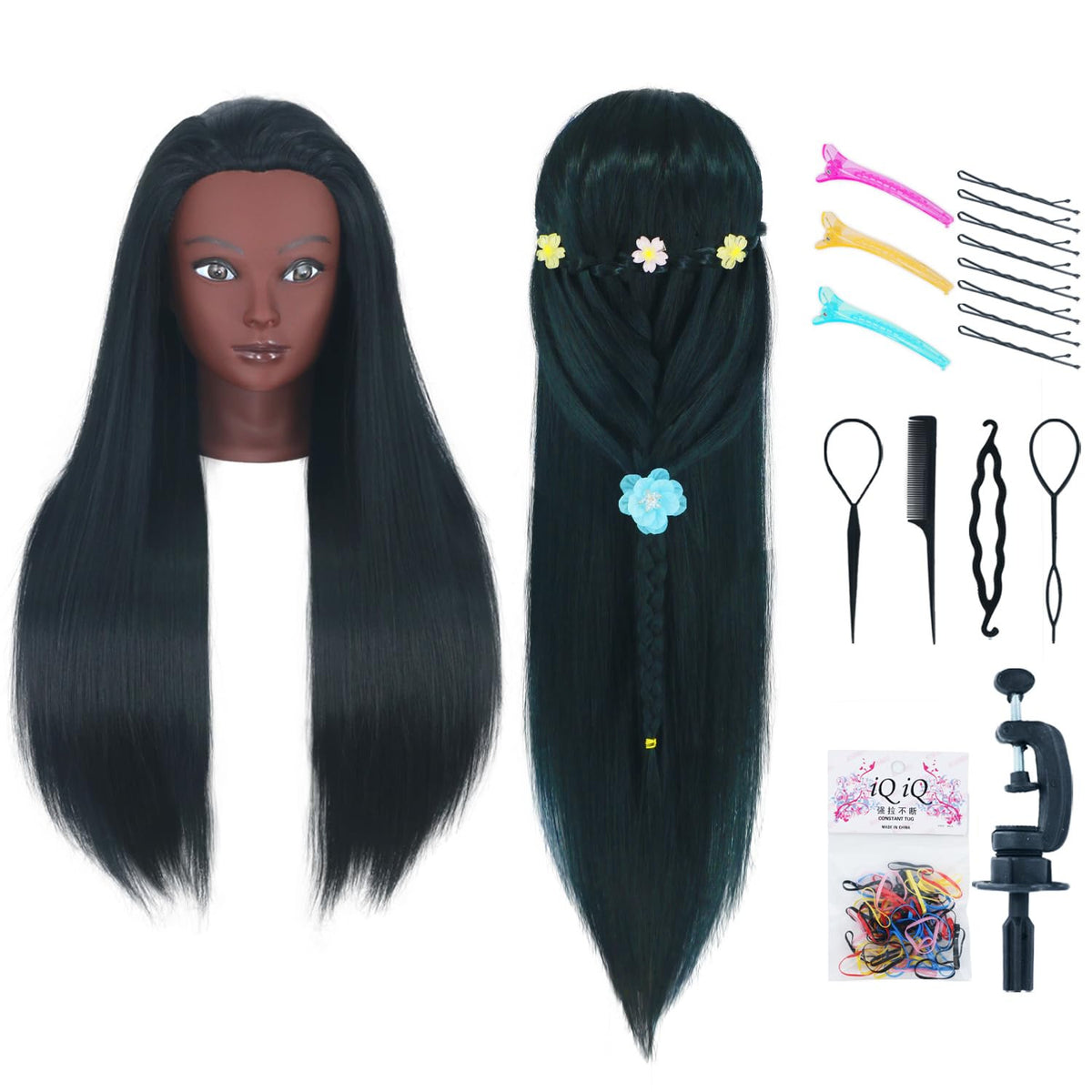 Black Mannequin Head with Hair 26-28 Inches for Hair Styling Practice