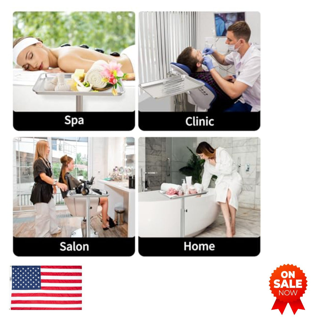 Adjustable Height Salon Tray Cart on Wheels - Metal Rolling Service Station