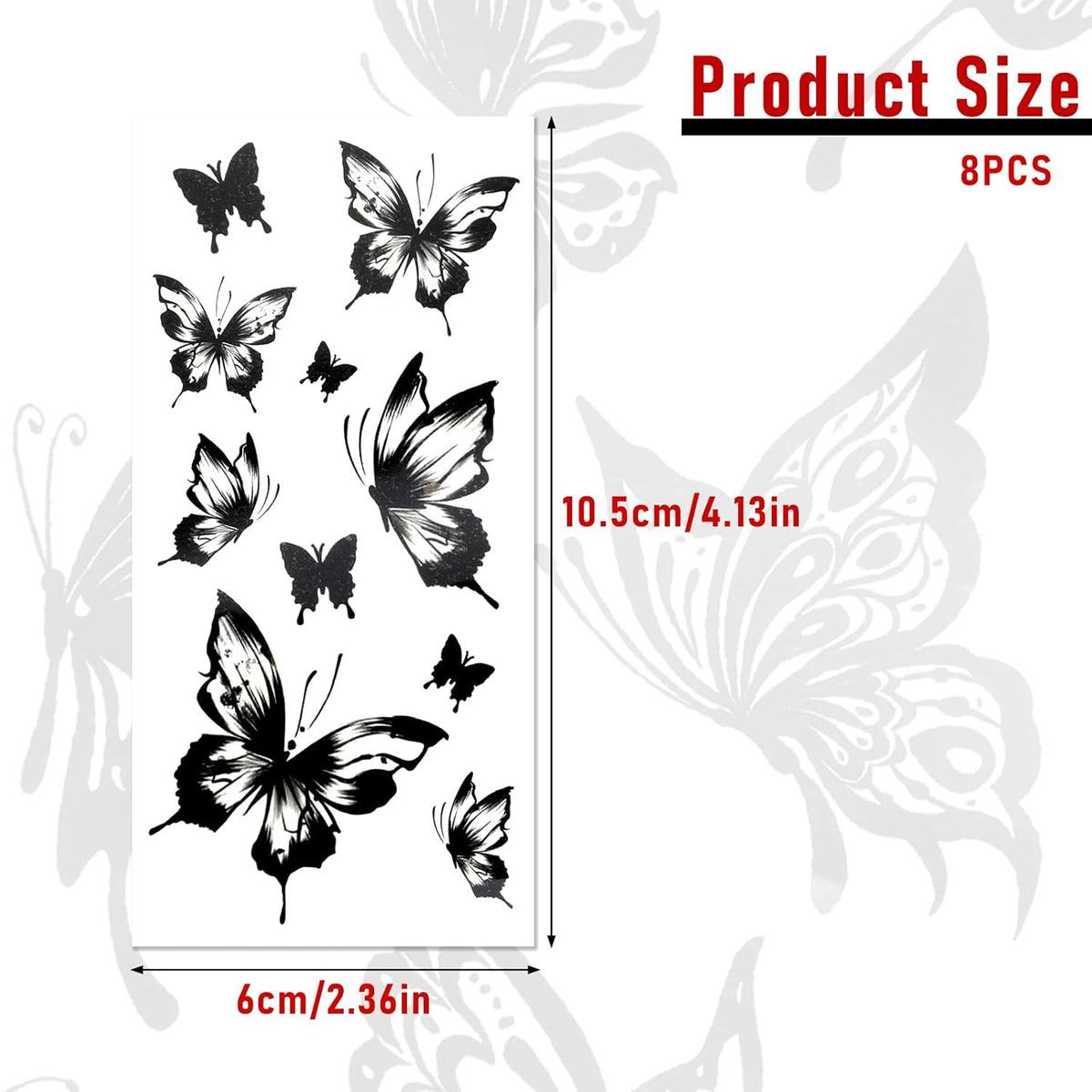 8 Sheets Black Butterfly Temporary Tattoos Waterproof 21x9.8cm