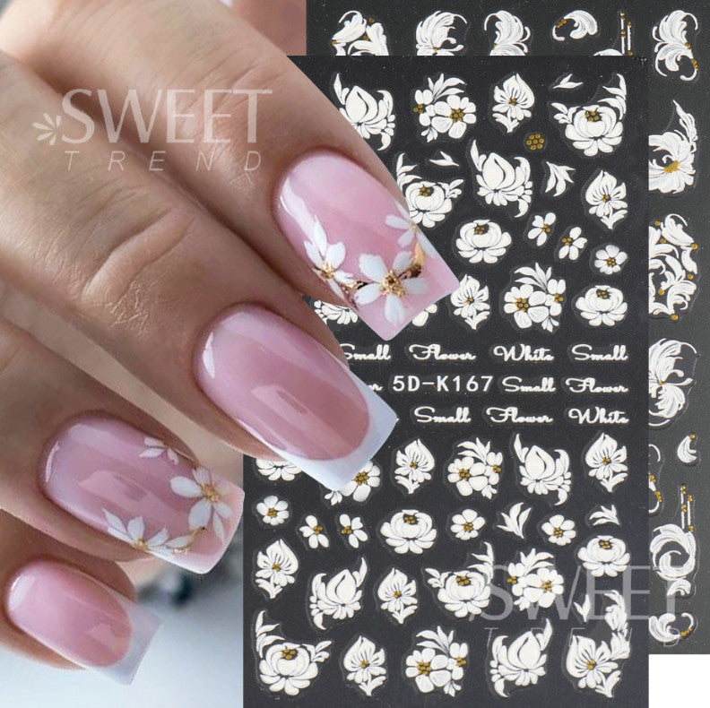 5D Embossed Nail Stickers White Rose Flower Decals for Nail Art and Decor