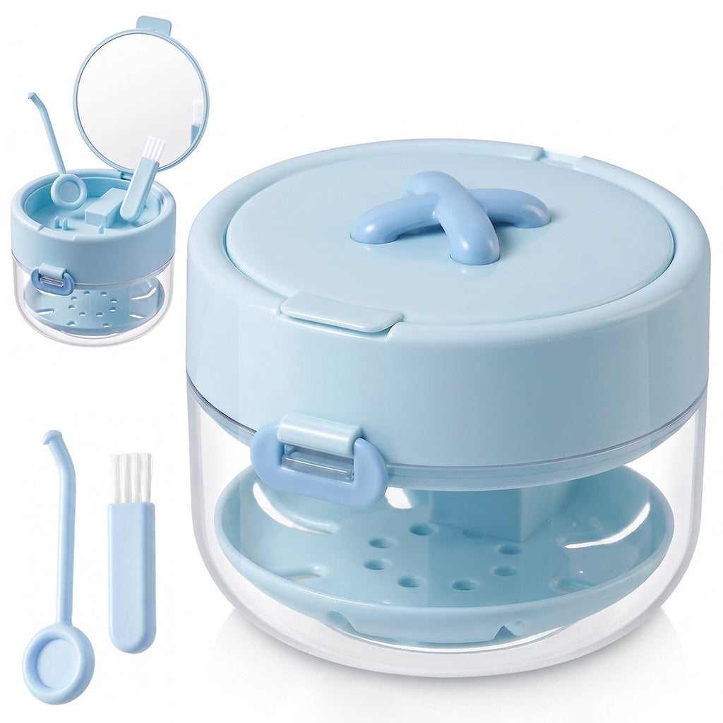 3-in-1 Denture Cleaner Case with Mirror & Cleaning Tools - Portable Leak-Proof Storage