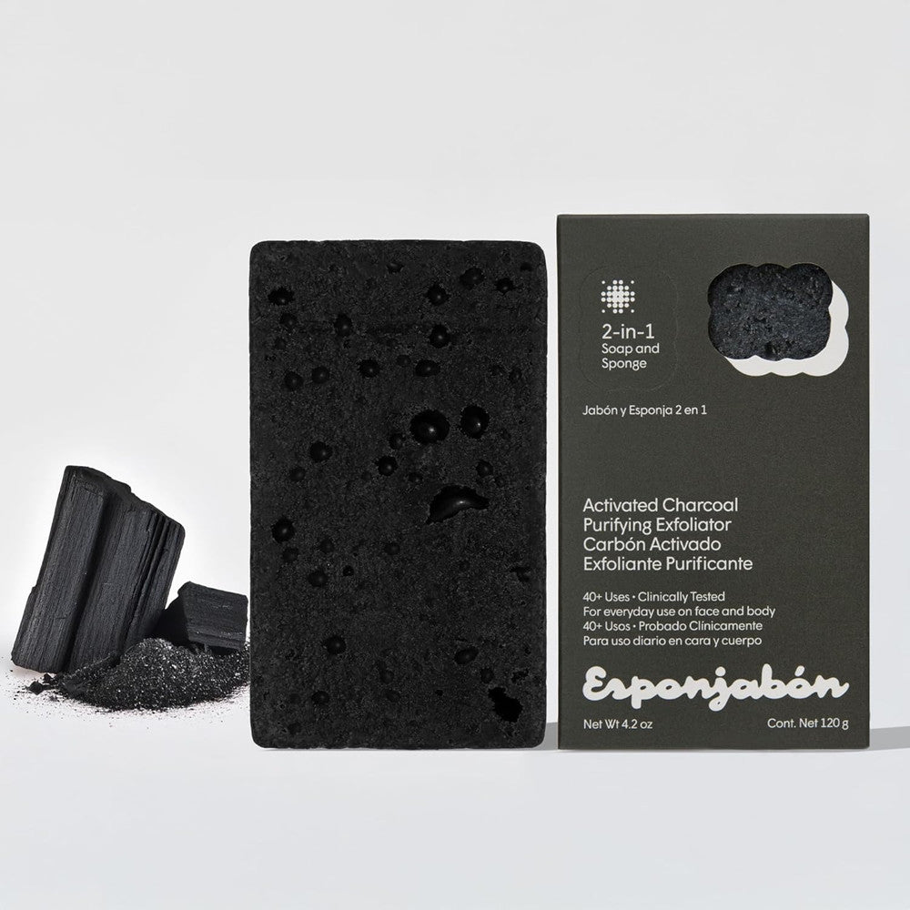 Charcoal Soap Sponge for Body & Face - Reusable Exfoliating Shower Scrubber
