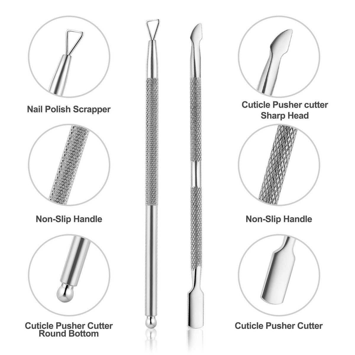Cuticle Nippers with Pusher and Cutter - 3 Piece Nail Care Set, Silver