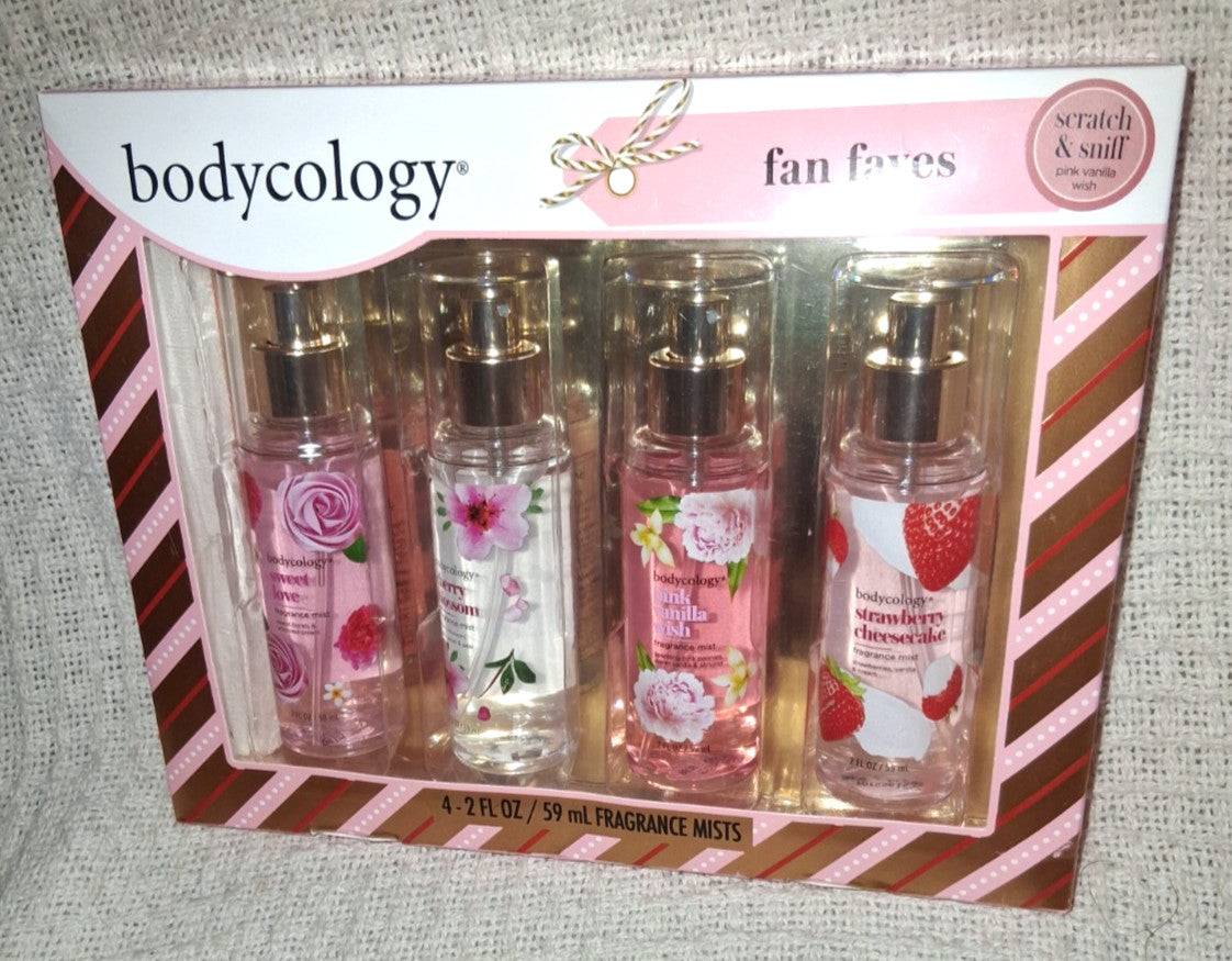 Bodycology Gift Set of Body Mists - Strawberry Cheesecake, Cherry Blossom, Pink Vanilla, Wish