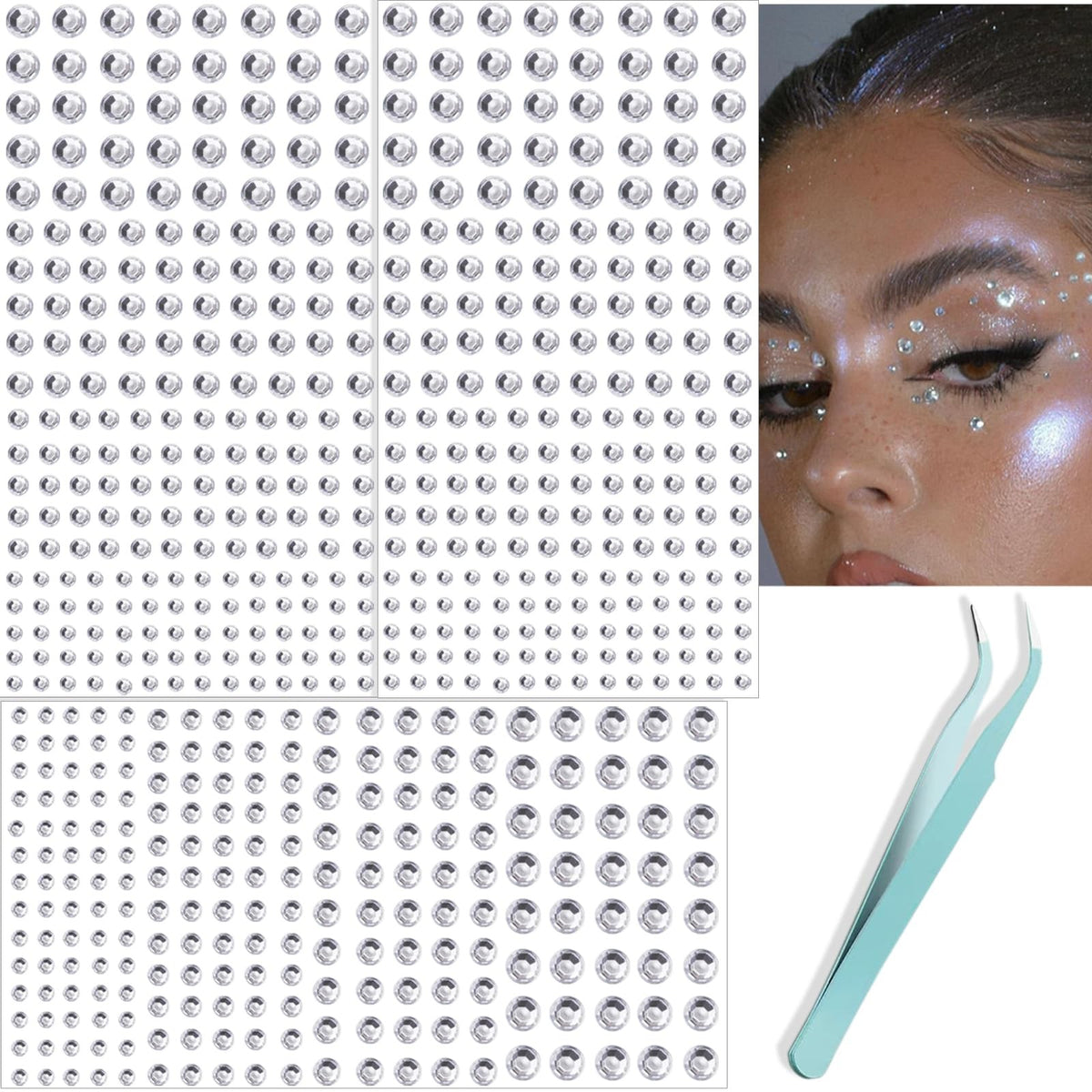 Self-Adhesive Face & Hair Gems Set - 660 Pieces, Clear Rhinestones for Makeup & Festive Looks