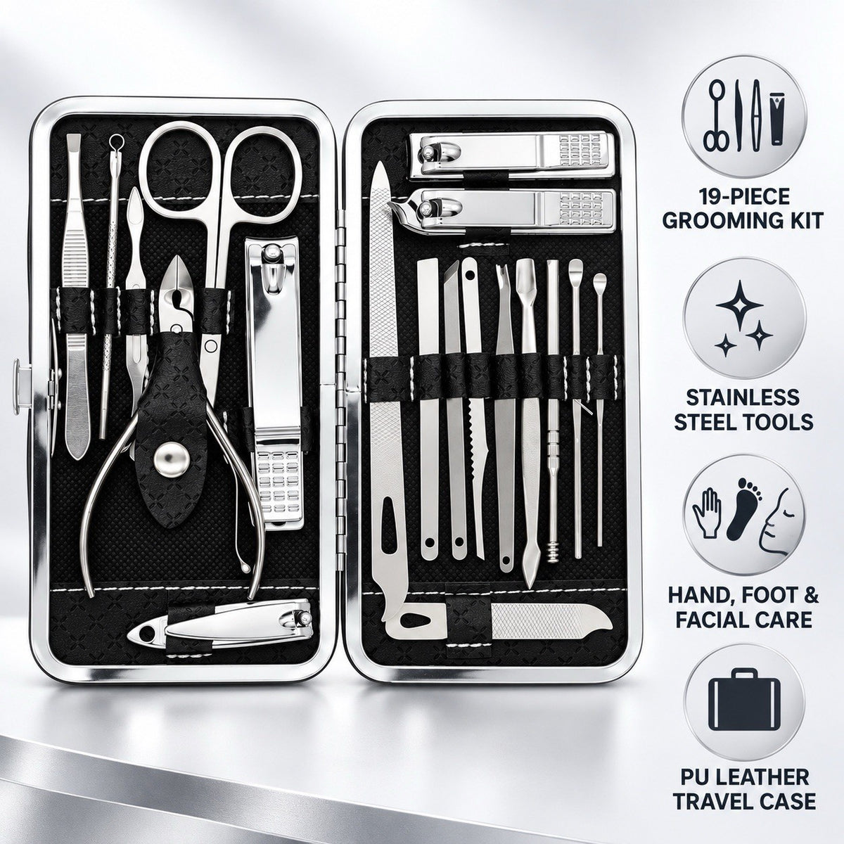 Manicure Pedicure Kit 19-Piece Stainless Steel Grooming Set with Travel Case