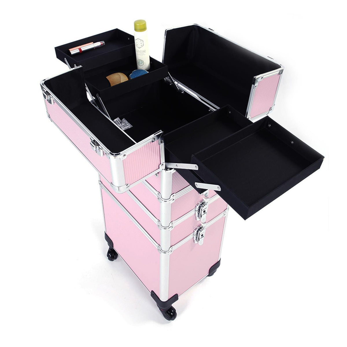 4 Wheels Makeup Case Organizer with Trolley, Storage Box & Carry Handle