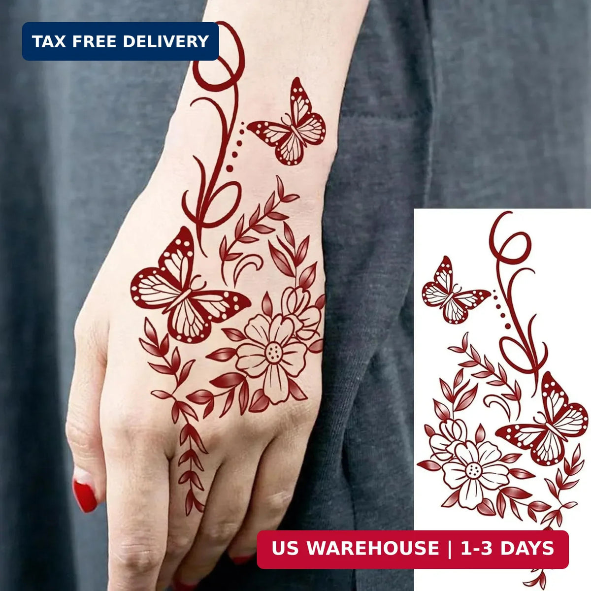 Temporary Tattoos 12 Sheets Waterproof 3D Floral Butterflies Roses For Women