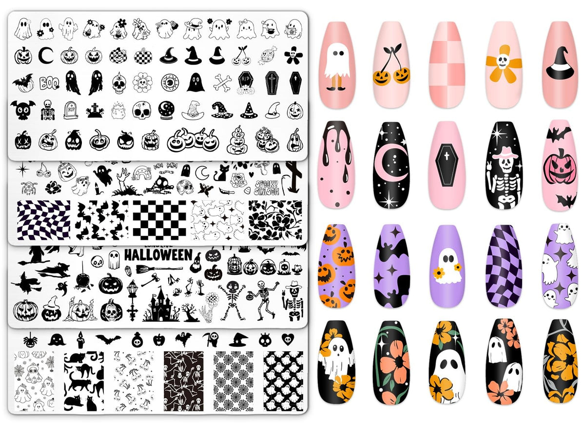 Halloween Nail Art Stamping Plates Set Ghost Pumpkin Designs - 4 Pcs