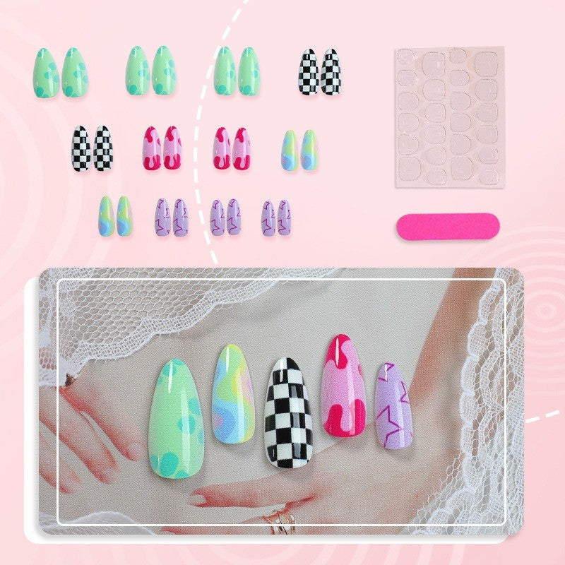 48Pcs Rainbow Checkerboard Oval False Nails Set - Trendy Press-On Manicure
