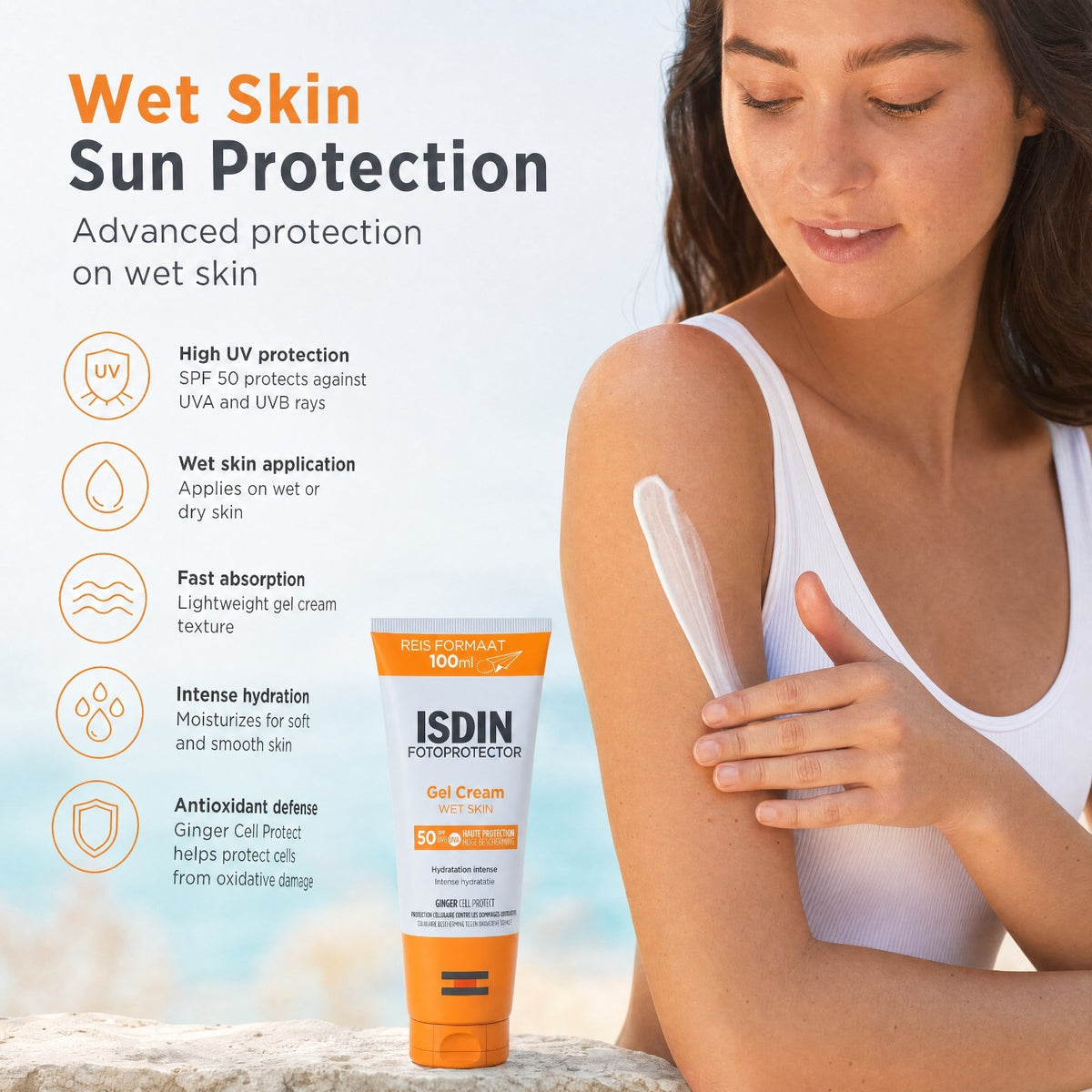 SPF 50+ Waterproof Gel Cream Sunscreen for Wet & Dry Skin 100ml