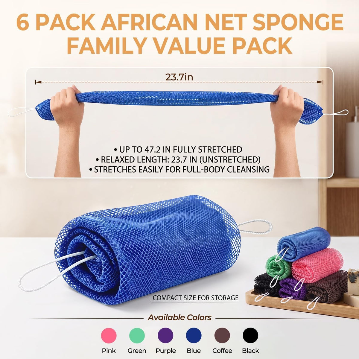 6-Pack Exfoliating Shower Scrubber Mesh Nets for Body & Back Cleaning