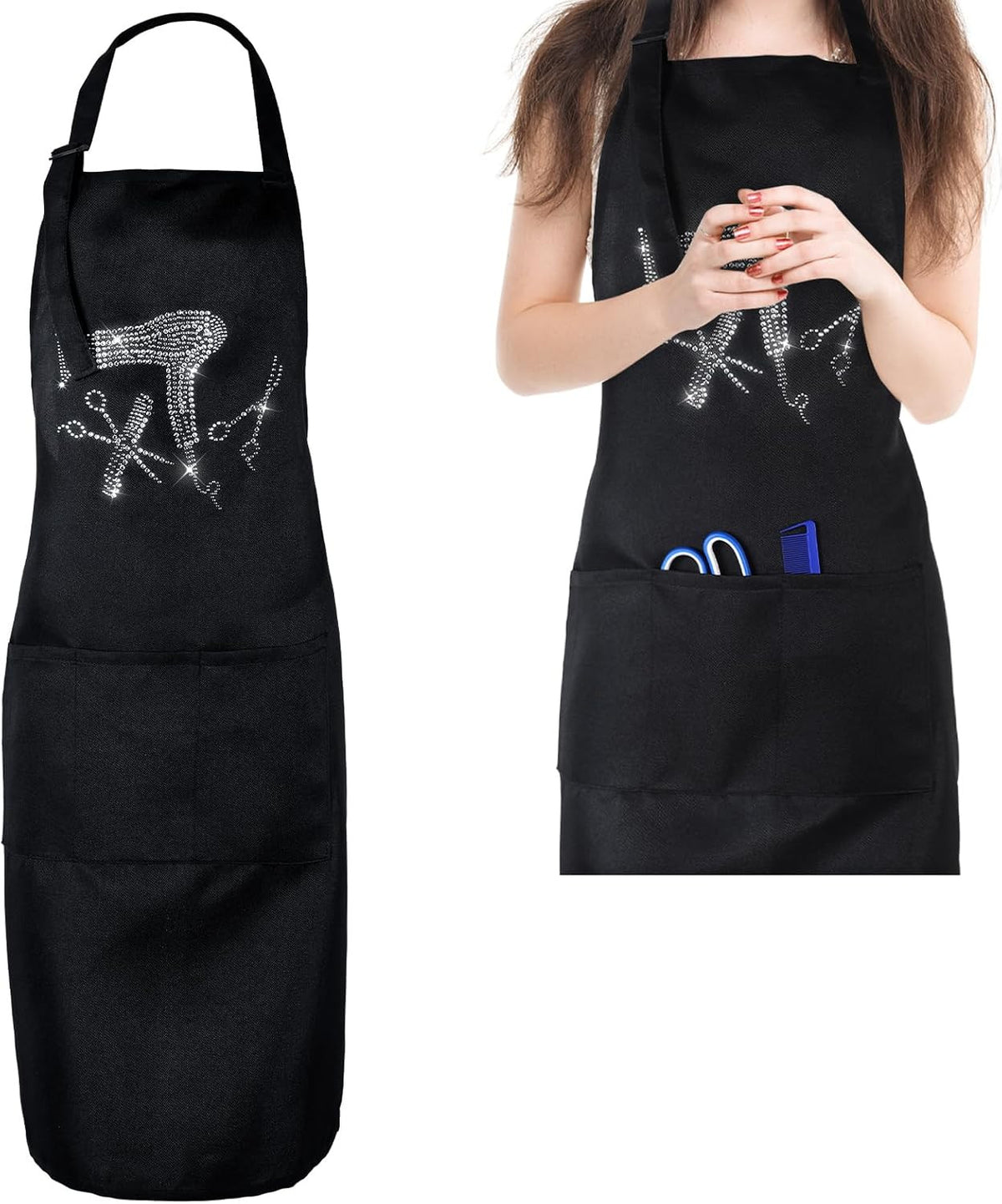 Hair Stylist Apron with 3 Pockets, Professional Haircut Apron with Rhinestones