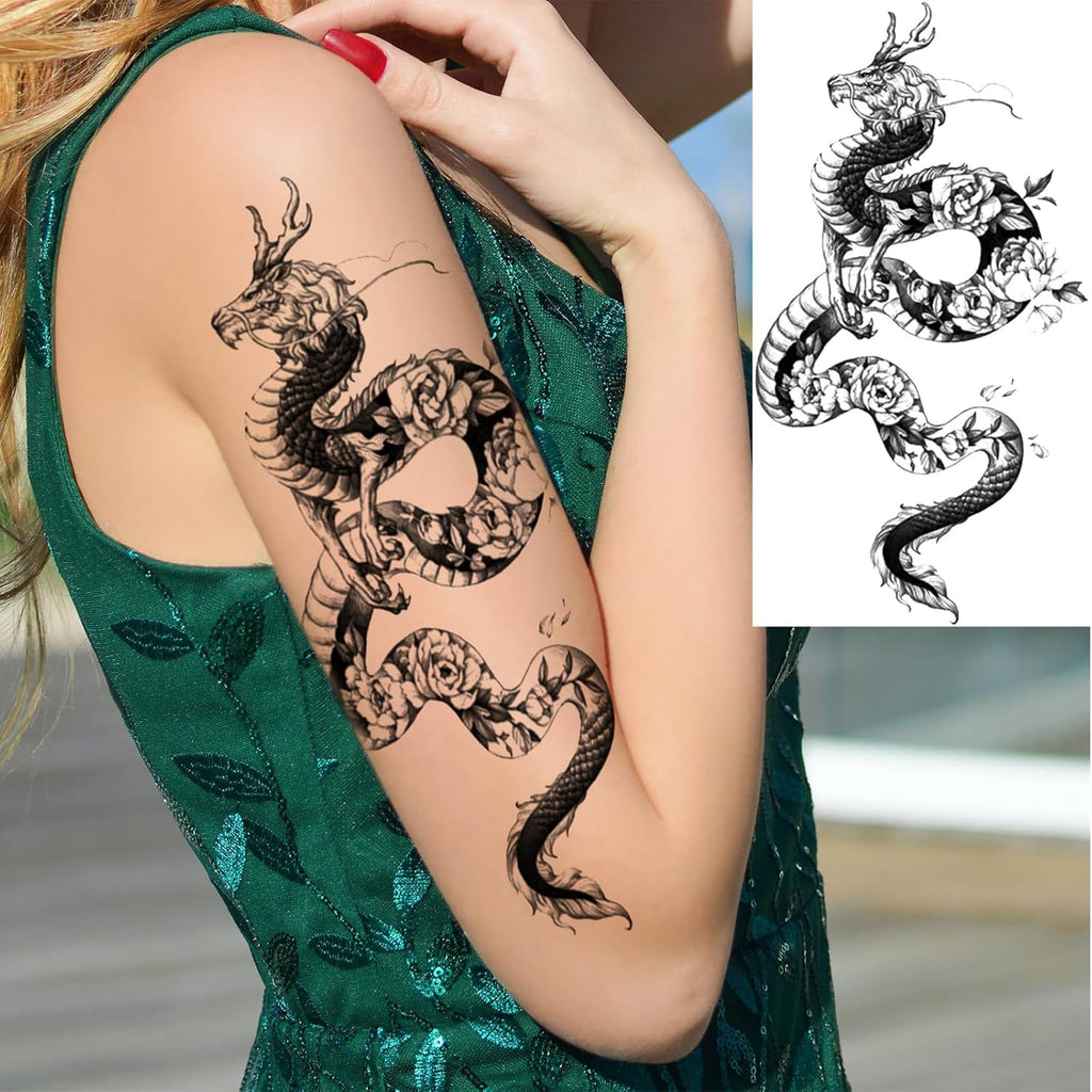 10 Sheet Realistic Chinese Floral Dragon Temporary Tattoo for Women