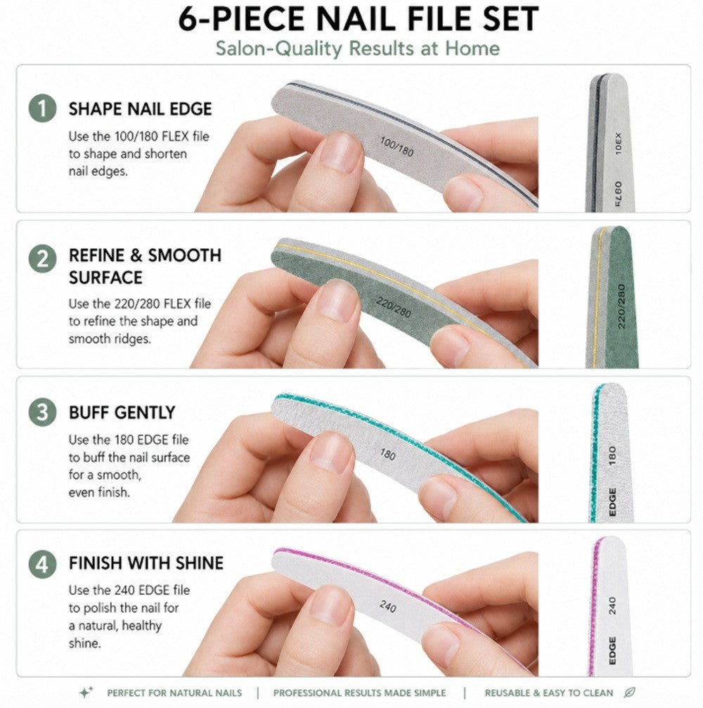 6 Pack Double-Sided Nail Files 100/180 Grit Emery Boards for Manicure & Pedicure