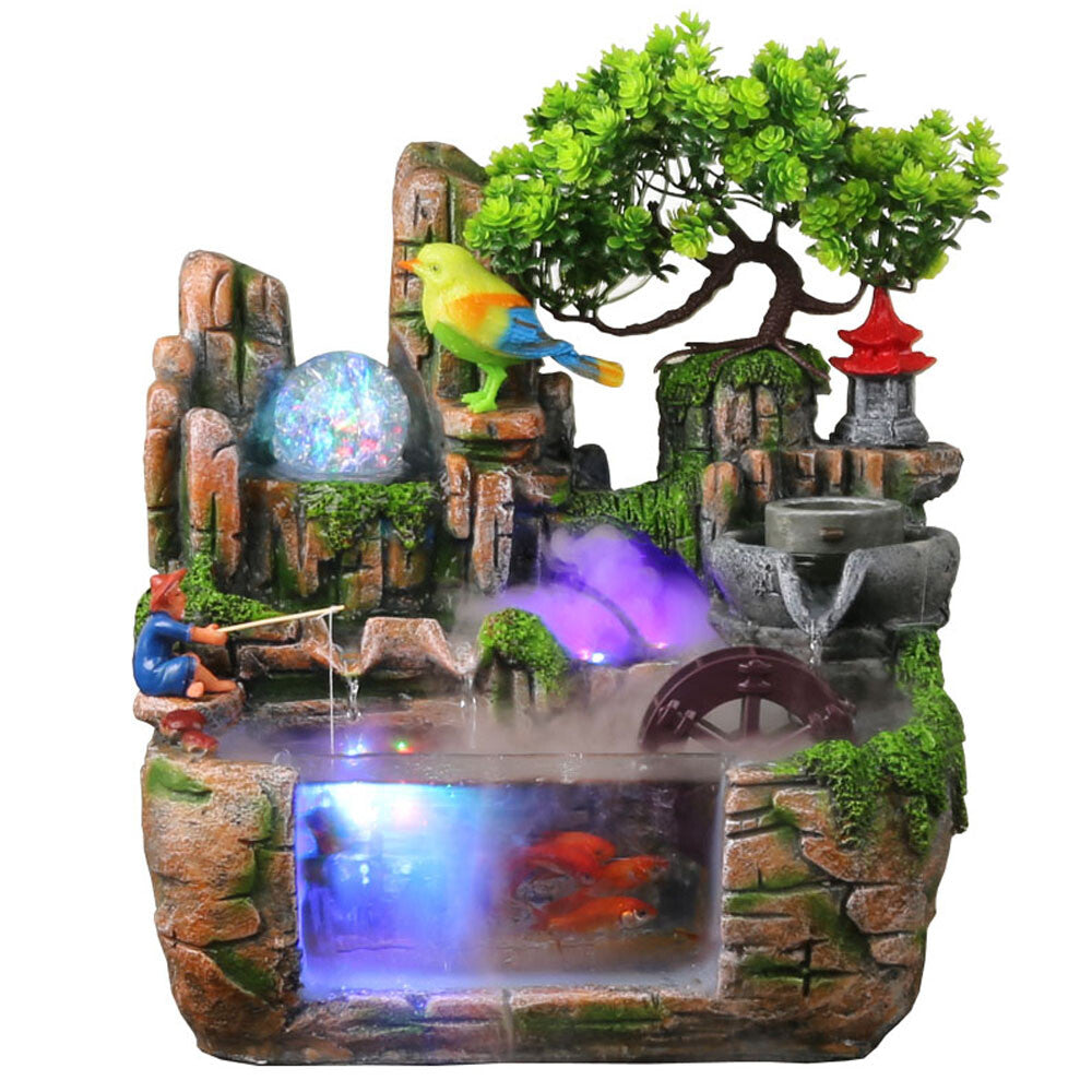 Feng Shui Desktop Rockery Waterfall Fountain with LED Atomizing Effect for Office Decor