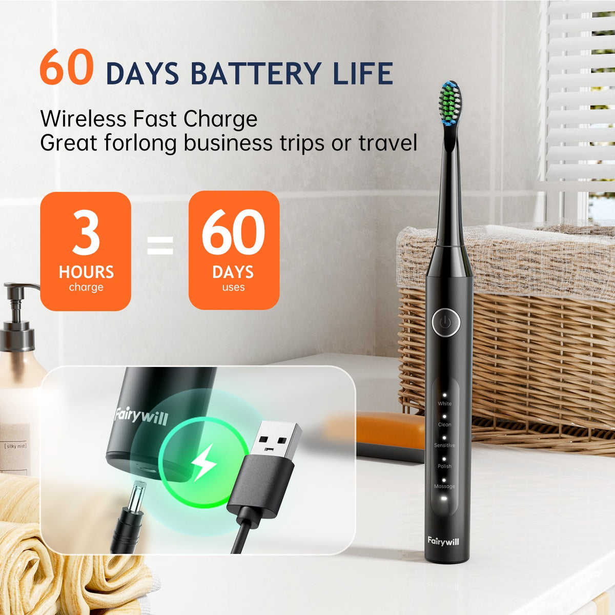 Electric Toothbrush with 8 Brush Heads & 5 Modes - Rechargeable & Travel Case