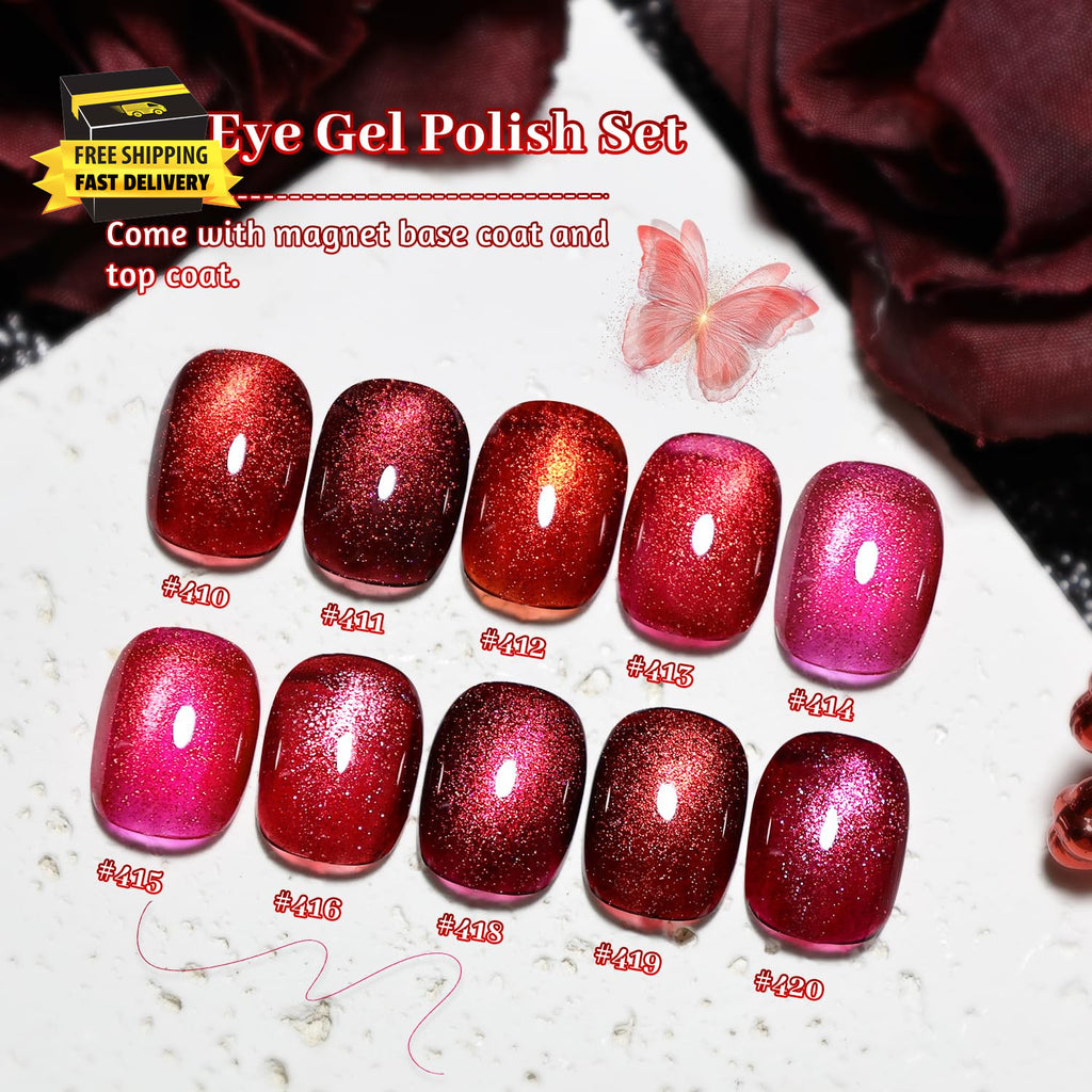 Cat Eye Gel Nail Polish Set with Base & Top Coat - Burgundy Red & Magnet Stick