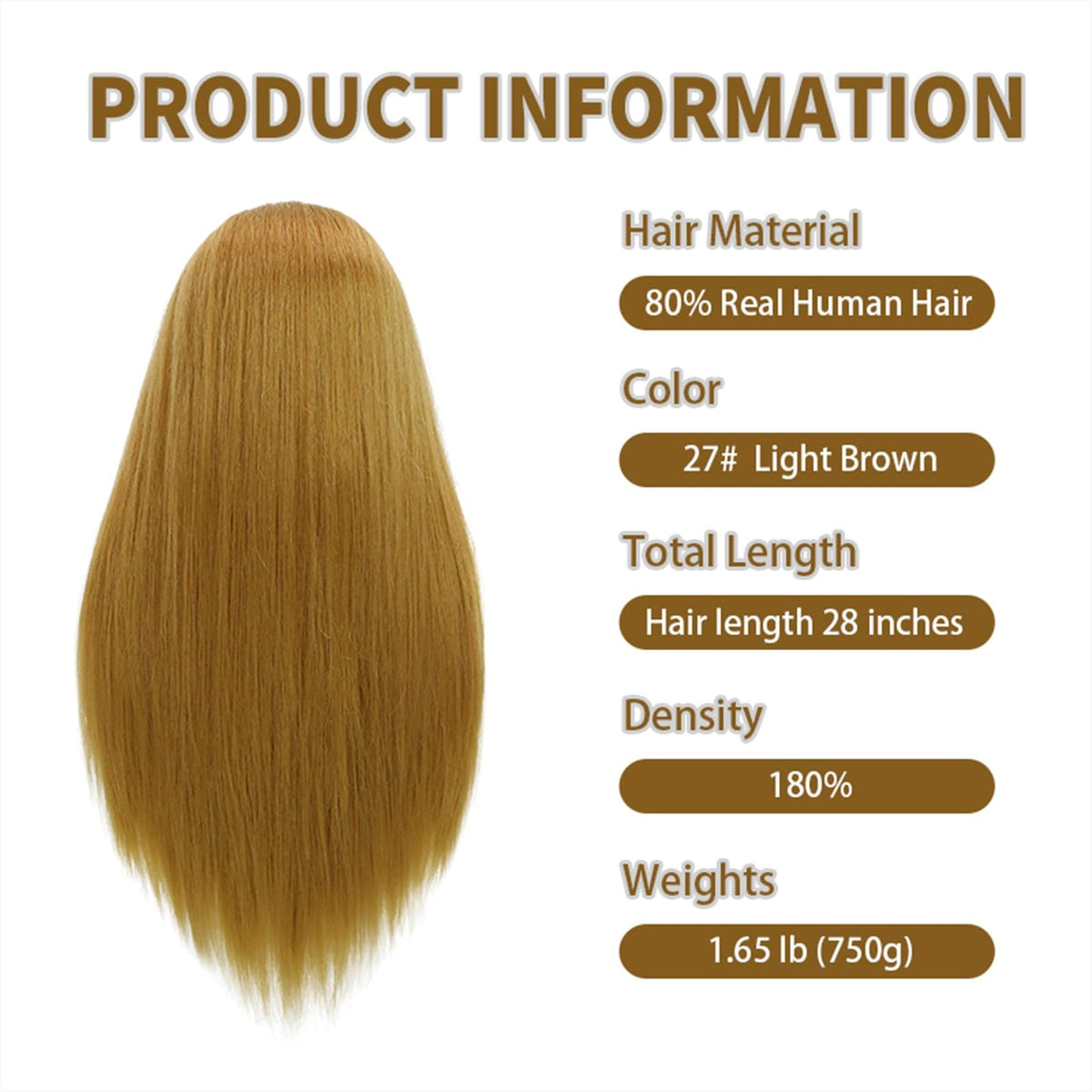 28-Inch Mannequin Head with Human Hair Light Brown for Hair Styling Practice