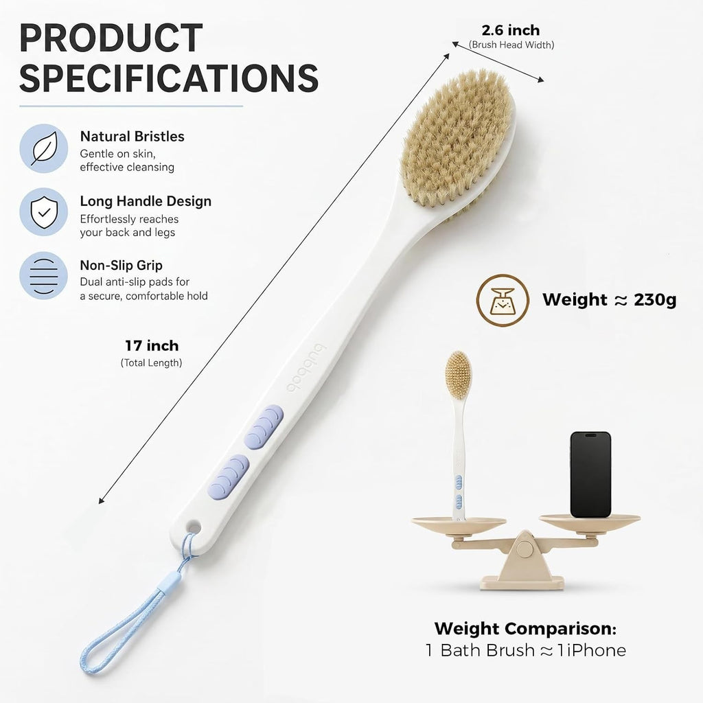 Long Handle Back Scrubber with Dual-Use Stiff and Soft Bristles, Anti-Slip Grip