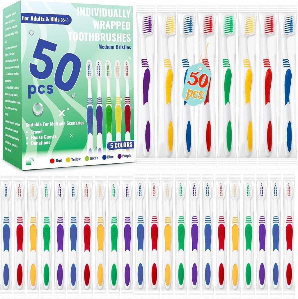 Disposable Travel Toothbrushes Pack - Soft Bristle, Individually Wrapped, 50 Count