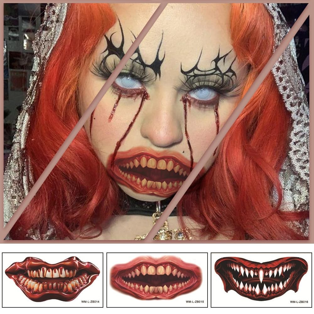 Halloween Prank Makeup Tattoo - Big Mouth Face Horror Stickers (10 pcs)