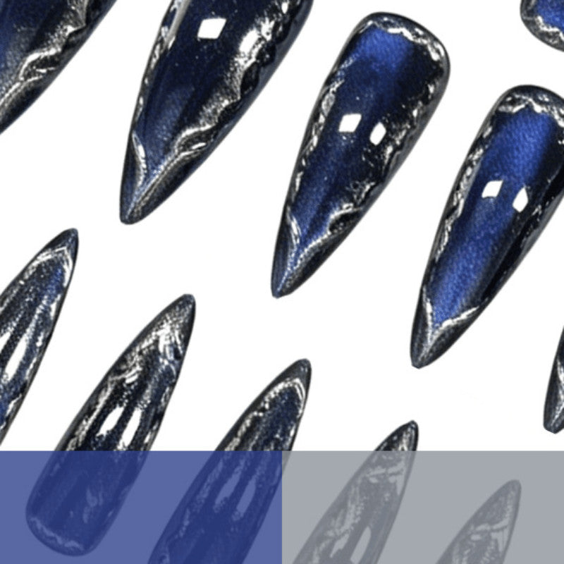 48pcs Stiletto Fake Nails with Royal Blue Mirror Silver Rim - Luxury Press-On Nails