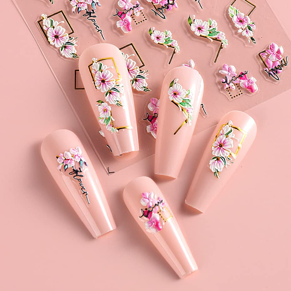 3D Flower Leaves Nail Art Stickers Decals - Self-Adhesive, 4 Sheets