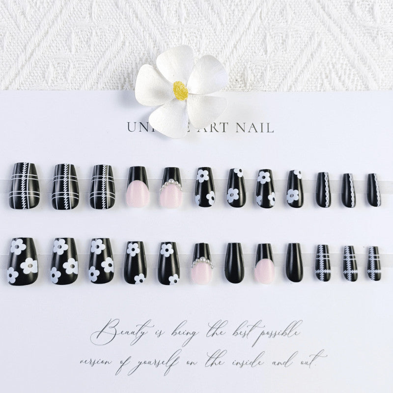 48 Pcs Black White Flower Press on Nails Medium Coffin Matte Fake Nails