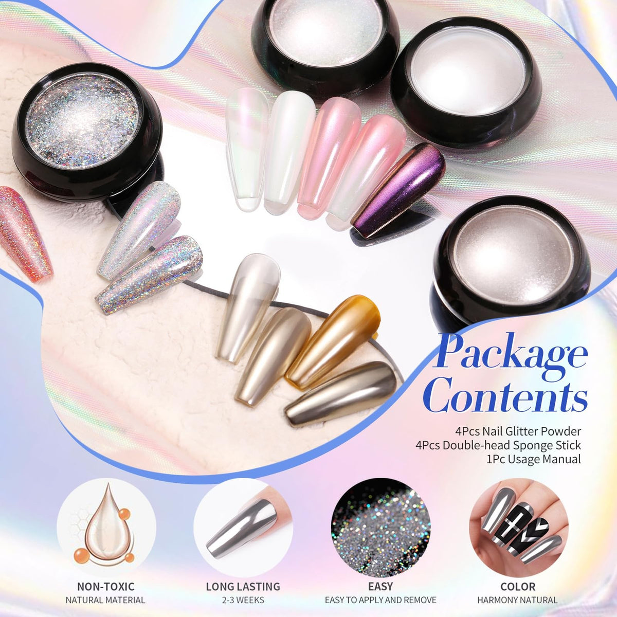 Chrome Nail Powder Set - White Pearl, Holographic & Mirror Effects