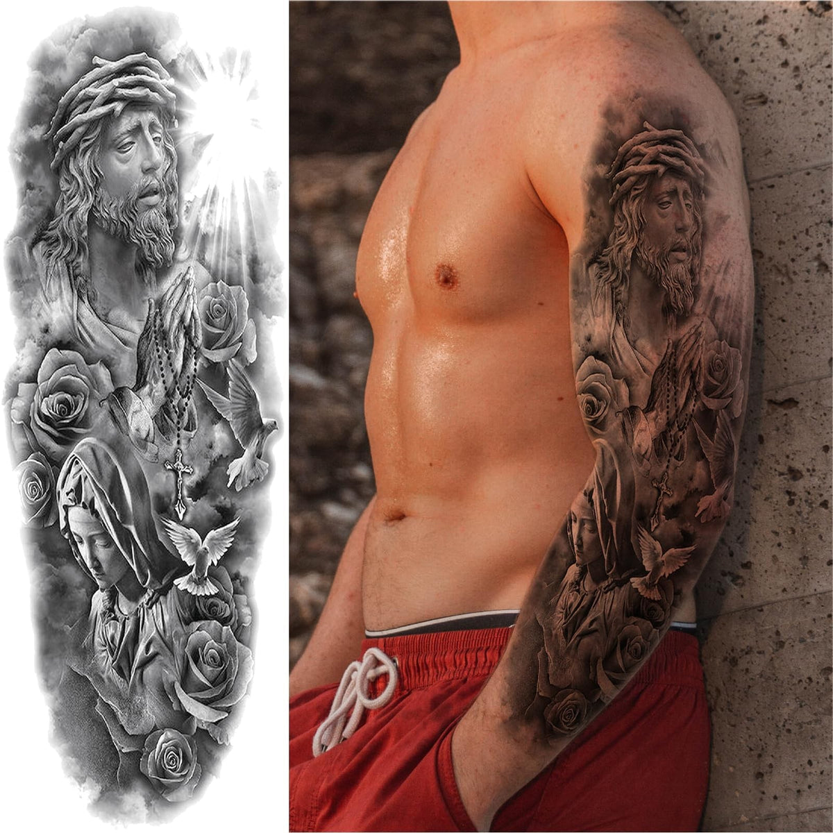 Christian Cross Temporary Tattoo Sleeve for Men – 4-Sheet Full Arm Religious Tattoo Kit