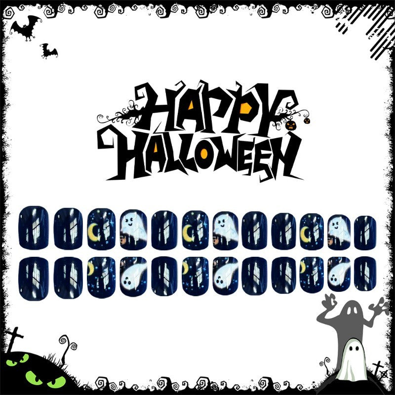 Halloween Press-On Nail Set - Short Square Dark Navy Moon Star Ghost Pumpkin 46 Pieces