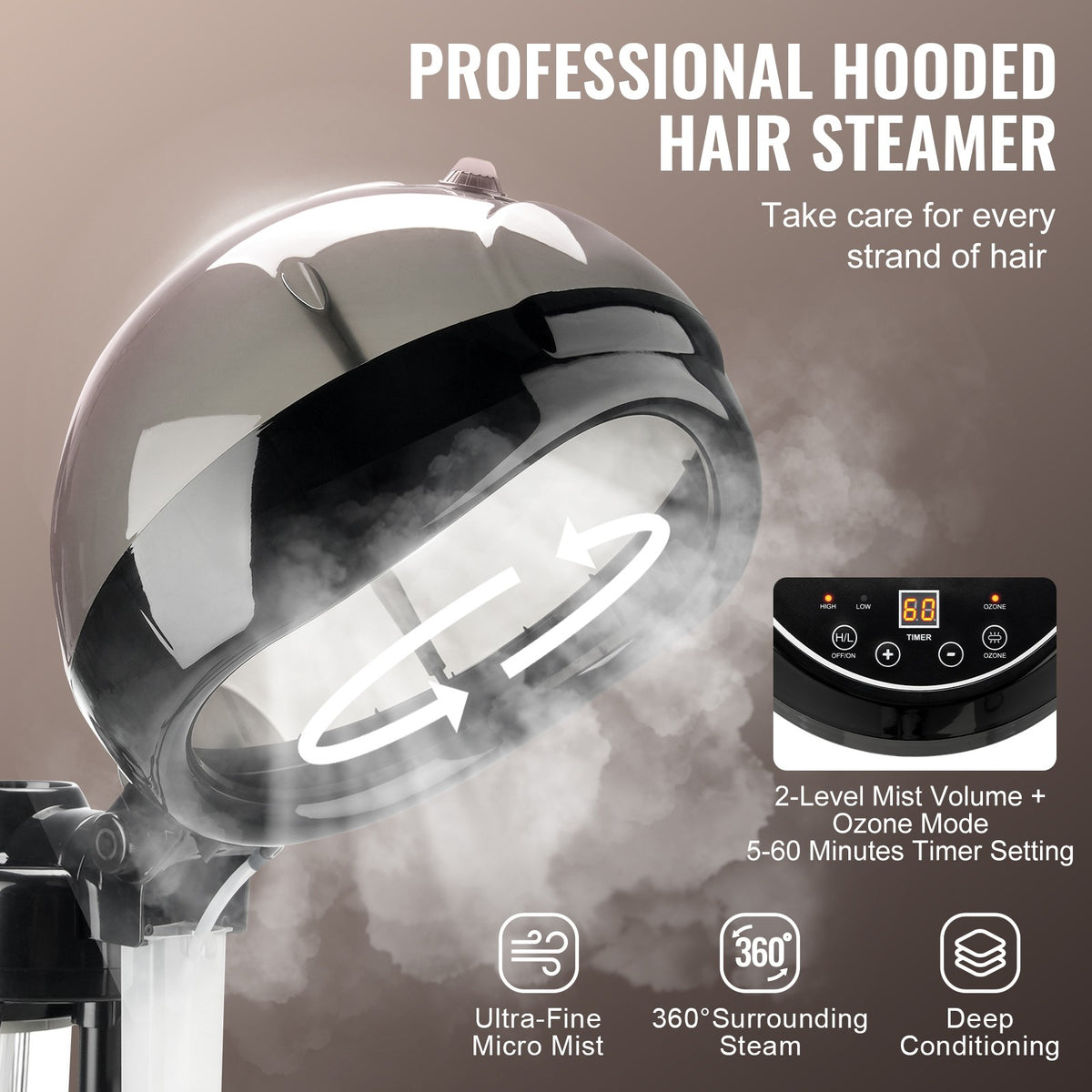 Professional Hair Steamer with Ionic & Multiple Mist Modes - 11.81 Inch Hood, Adjustable Height
