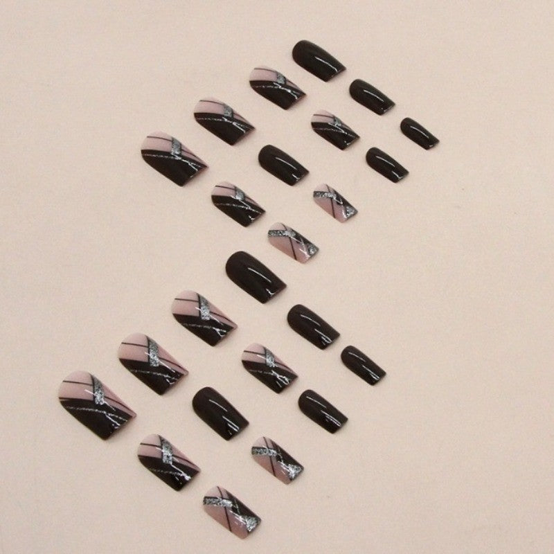 48Pcs Geometric Press-On Nails Medium Square Burgundy Red with Silver Accents