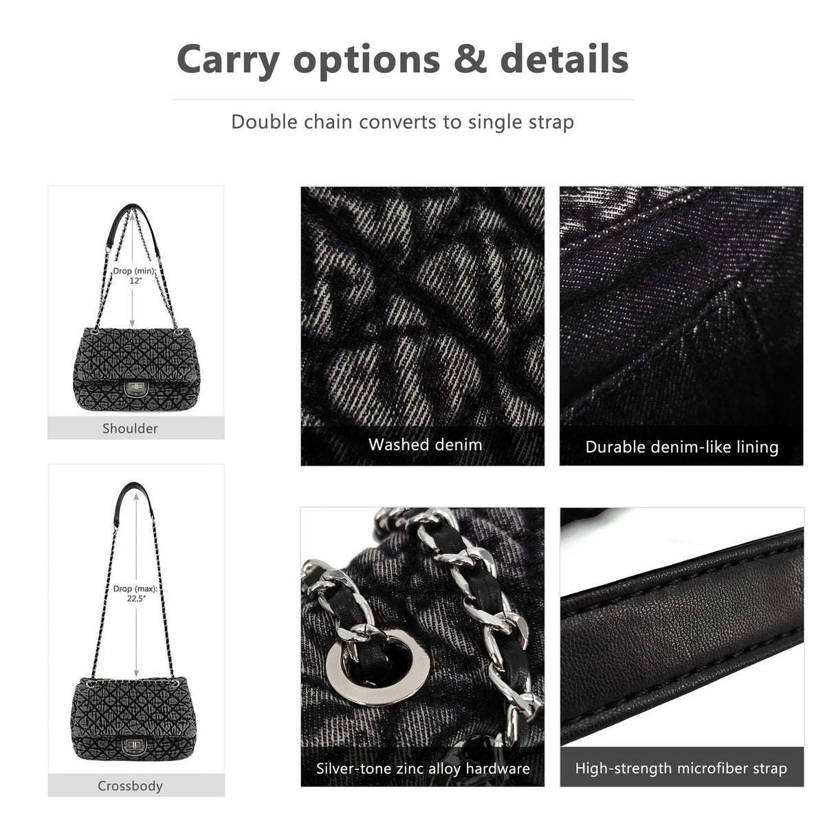 Quilted Denim Shoulder Bag for Women - Crossbody Hobo Purse with Silver Chain
